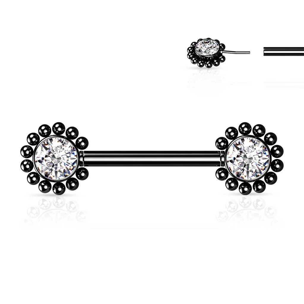 Pair Beaded Ball Edge CZ Center Threadless Push in Nipple Barbells - Image 5