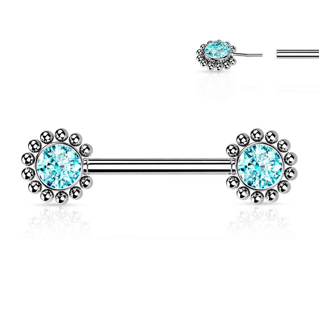 Pair Beaded Ball Edge CZ Center Threadless Push in Nipple Barbells - Image 6