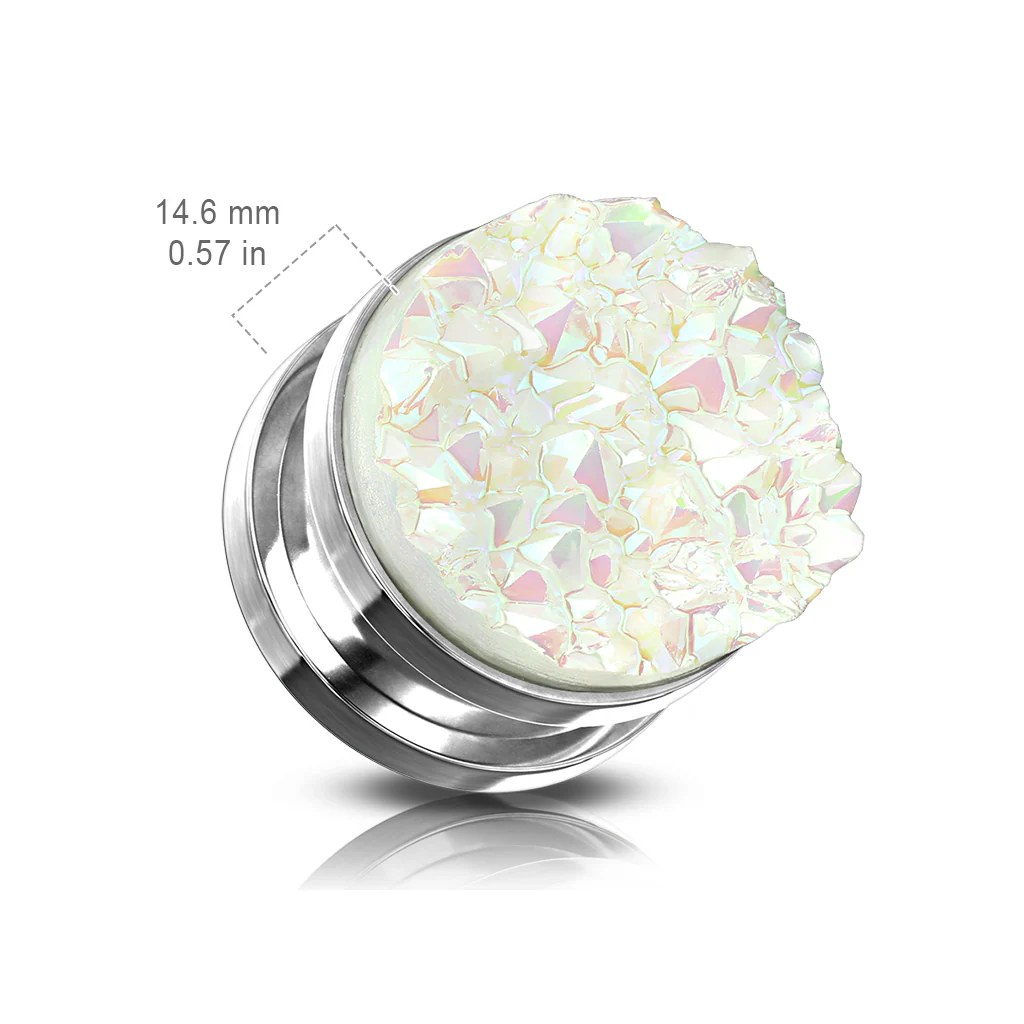 Pair White Druzy Stone Front Screw Fit Flesh Tunnels Ear Plugs - Image 3