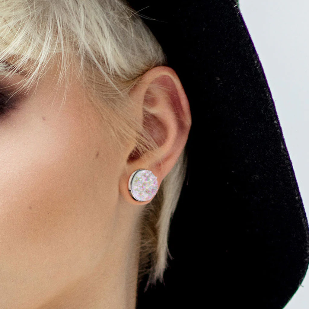 Pair White Druzy Stone Front Screw Fit Flesh Tunnels Ear Plugs - Image 4