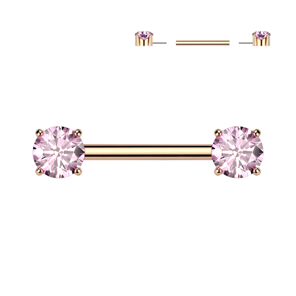 Pair Titanium Threadless Push in Nipple Barbell with Prong CZ - Image 3