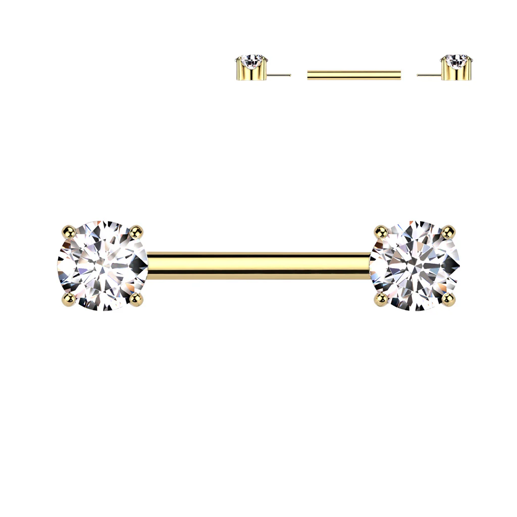 Pair Titanium Threadless Push in Nipple Barbell with Prong CZ - Image 7