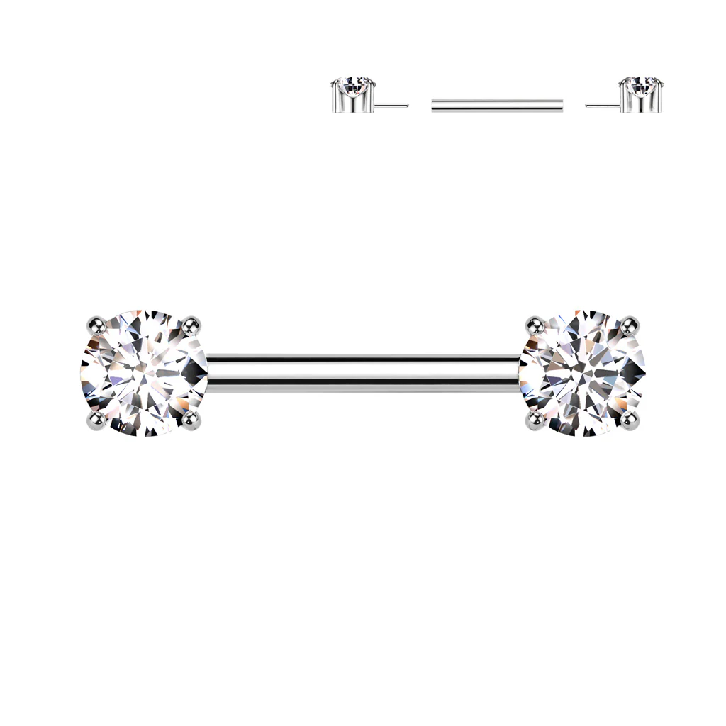Pair Titanium Threadless Push in Nipple Barbell with Prong CZ - Image 9