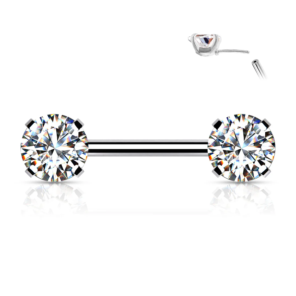 Pair Prong Set CZ  Surgical Steel Threadless Push in Nipple Barbells - Image 2