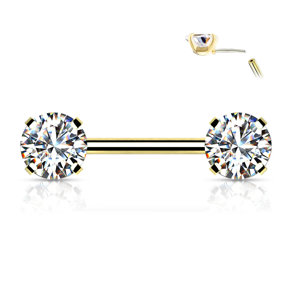Pair Prong Set CZ  Surgical Steel Threadless Push in Nipple Barbells - Image 3