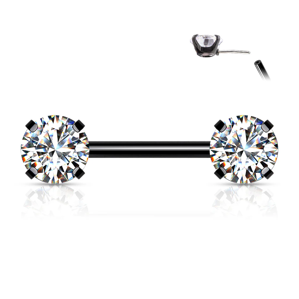 Pair Prong Set CZ  Surgical Steel Threadless Push in Nipple Barbells - Image 4