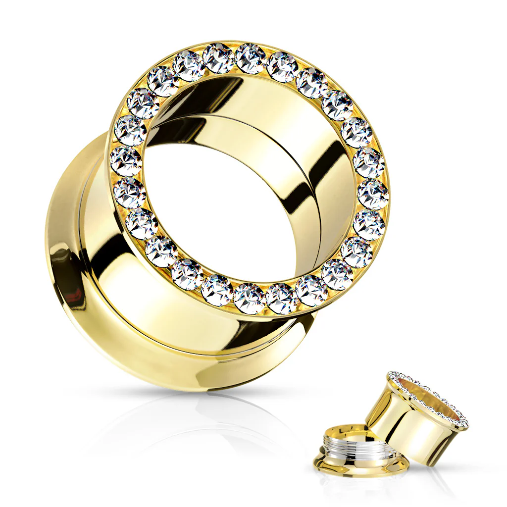 Pair Yellow Gold Gemmed Rim Screw Fit Double Flare Ear Tunnel Plugs - Image 2