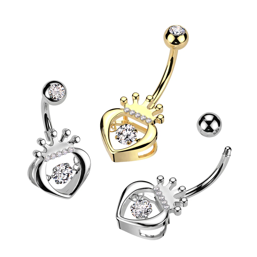 Hollow CZ Crown Heart With CZ Center Belly Button Ring