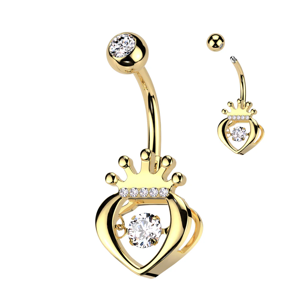 Hollow CZ Crown Heart With CZ Center Belly Button Ring - Image 3