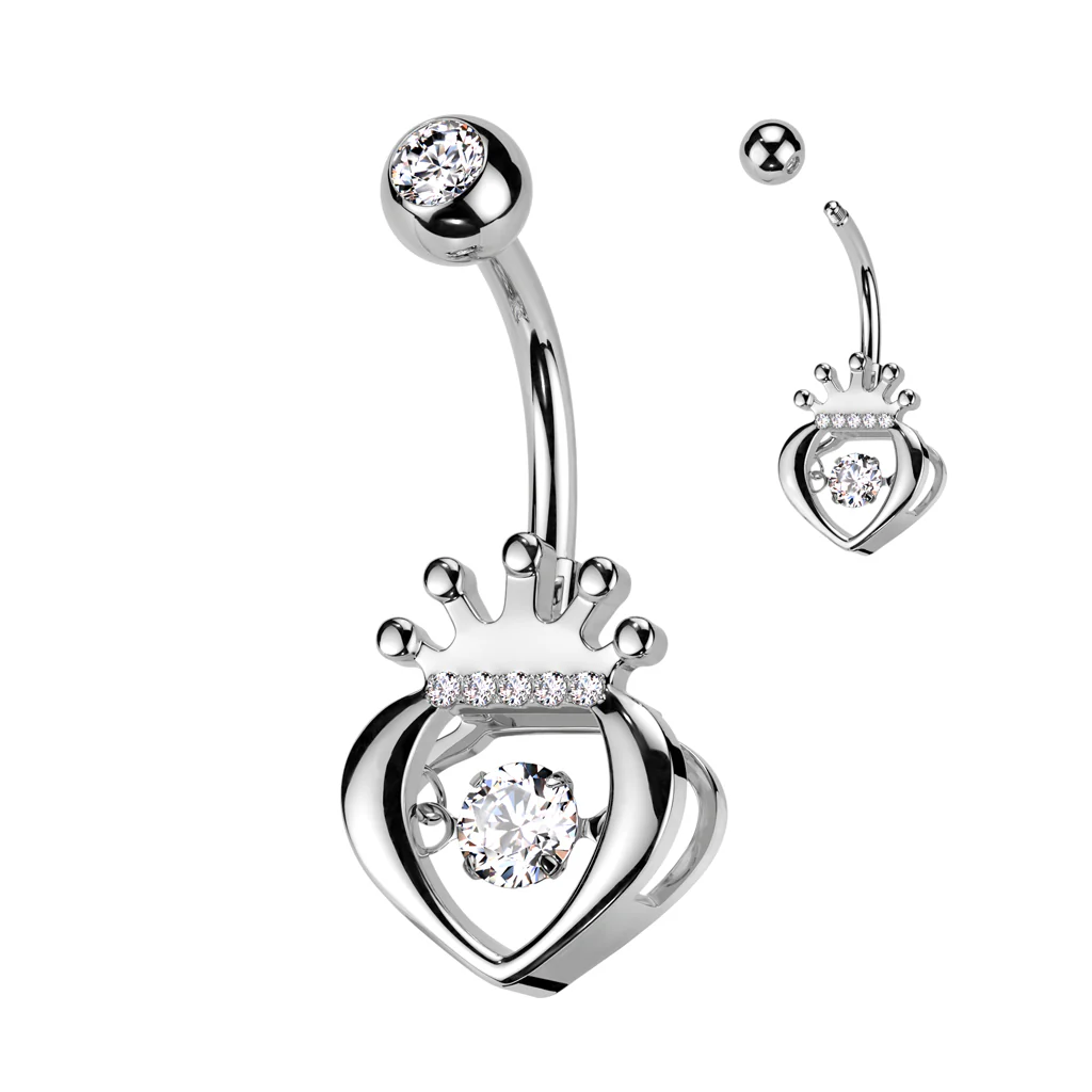 Hollow CZ Crown Heart With CZ Center Belly Button Ring - Image 4