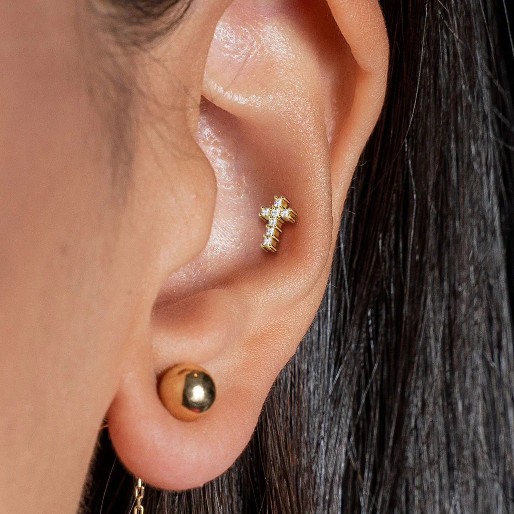 Paved CZ Cross Top Labret Tragus Snug Ear Cartilage Helix Studs - Image 2