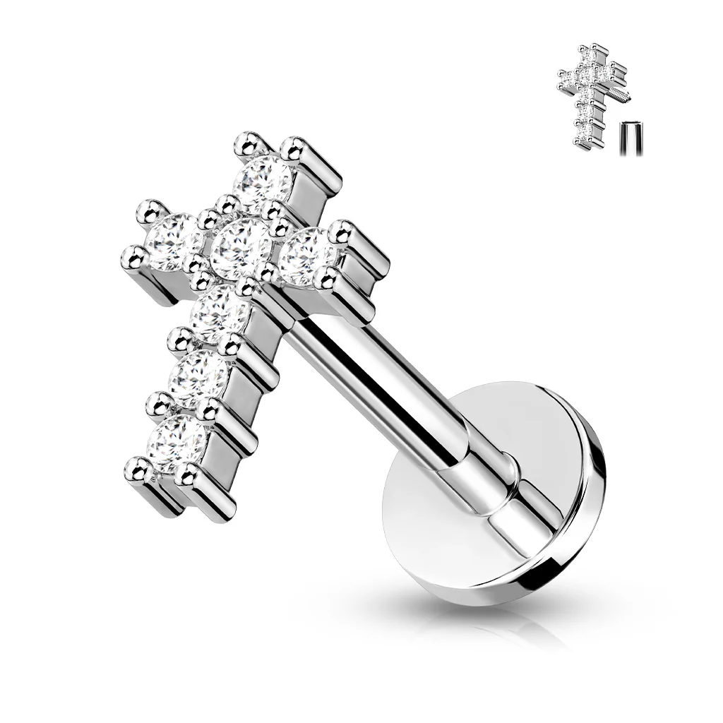 Paved CZ Cross Top Labret Tragus Snug Ear Cartilage Helix Studs - Image 3