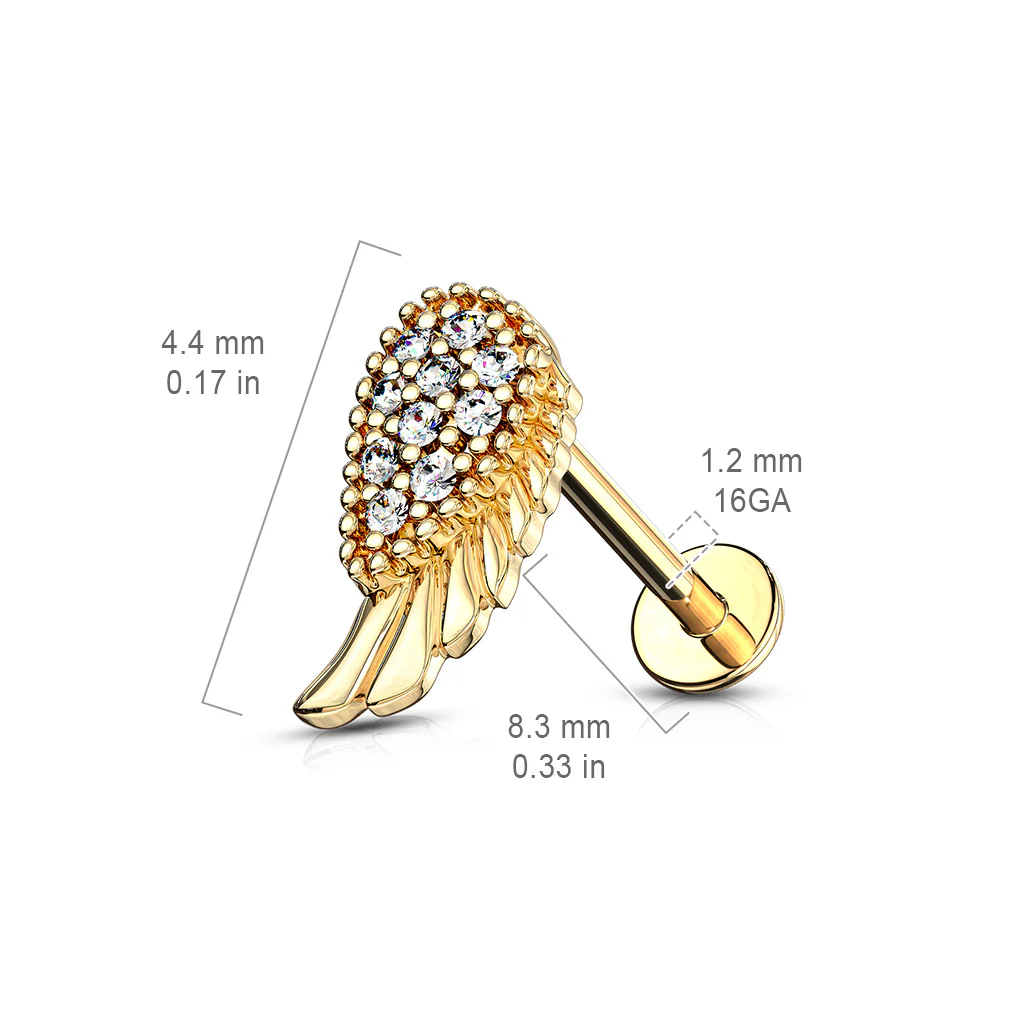 CZ Paved Angel Wing Internally Threaded Labret Tragus Snug Ear Cartilage Helix Studs - Image 2