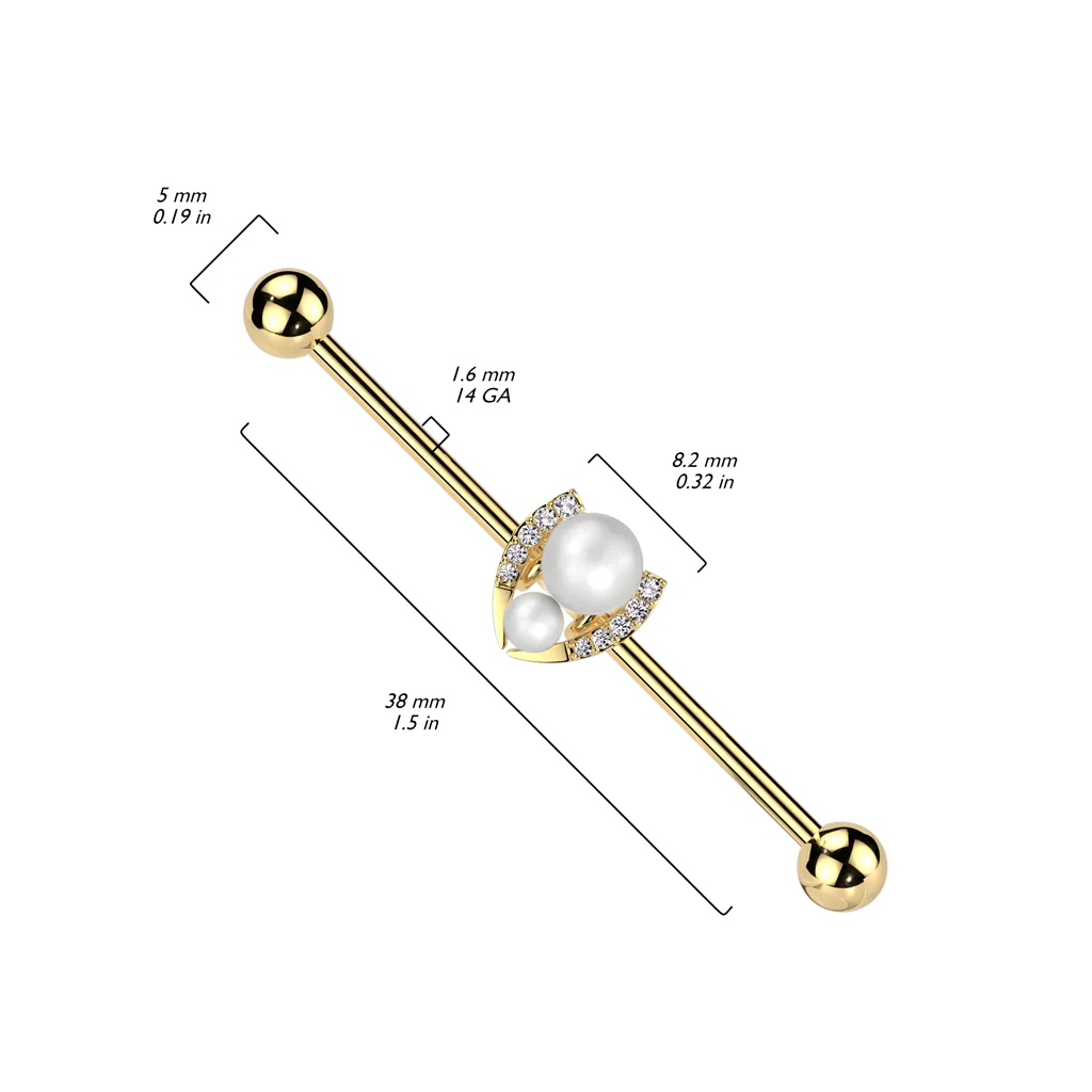 Double Pearl Pave CZ Horseshoe Industrial Barbell - Image 2