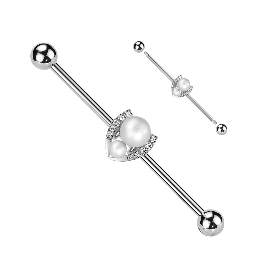 Double Pearl Pave CZ Horseshoe Industrial Barbell - Image 3