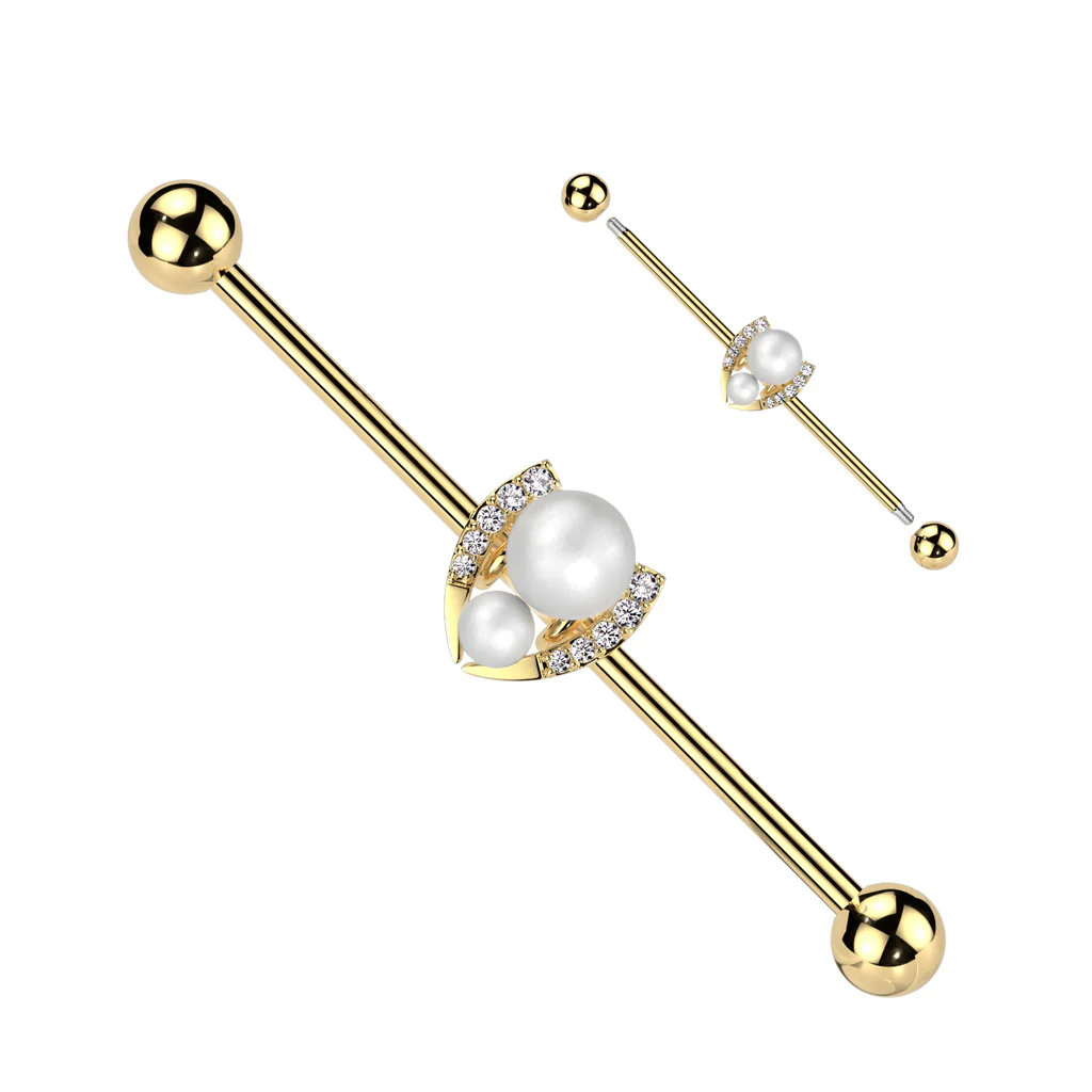 Double Pearl Pave CZ Horseshoe Industrial Barbell - Image 4
