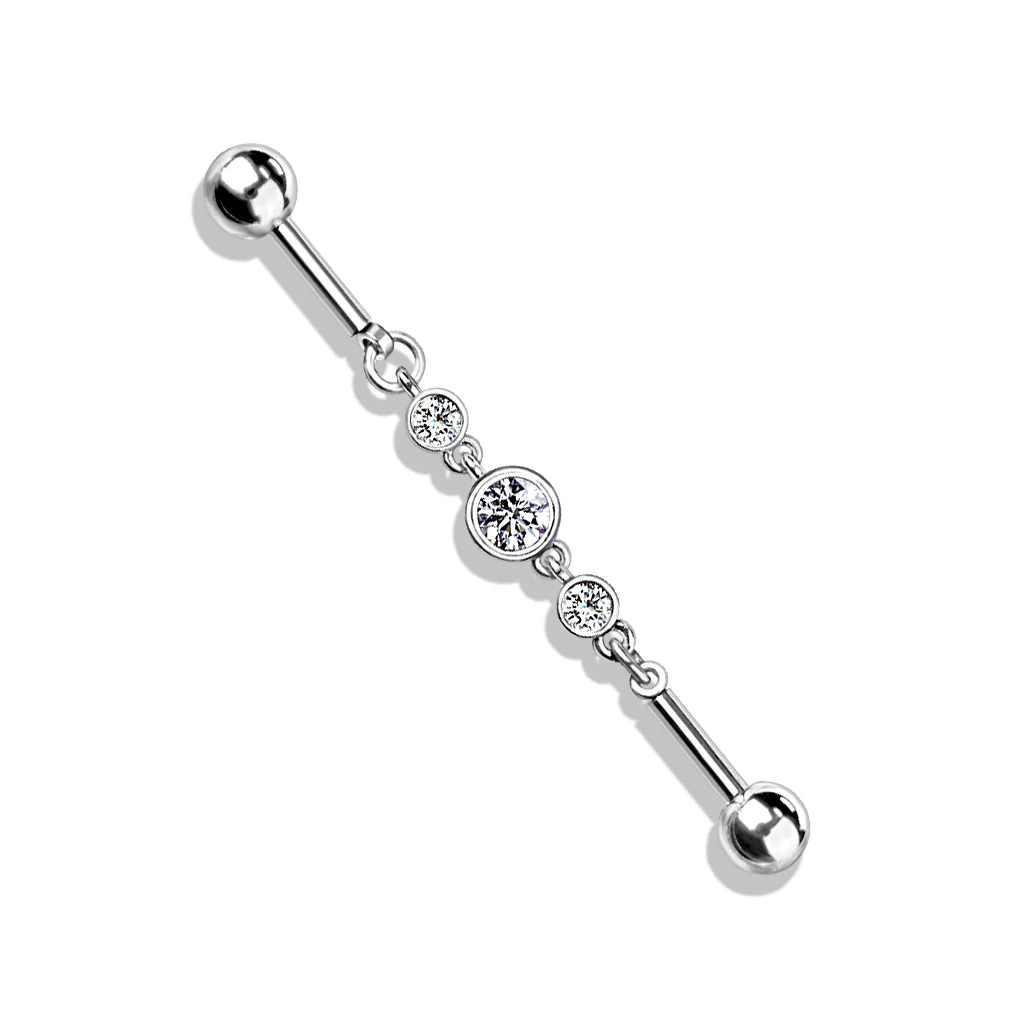 Triple Round CZ Chain 316L Surgical Steel Industrial Barbells - Image 3