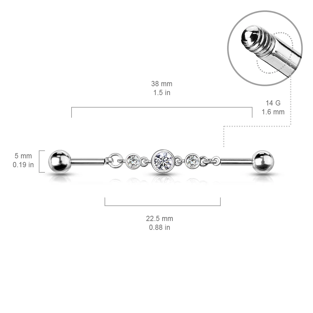 Triple Round CZ Chain 316L Surgical Steel Industrial Barbells - Image 5