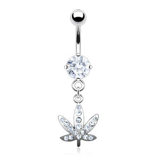 Pot Leaf Gem Pved Dangle 316L Surgical Steel Navel Belly Button Ring - Image 2