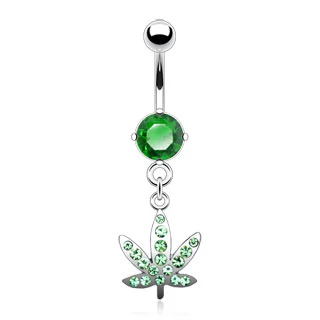 Pot Leaf Gem Pved Dangle 316L Surgical Steel Navel Belly Button Ring - Image 3