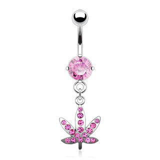 Pot Leaf Gem Pved Dangle 316L Surgical Steel Navel Belly Button Ring - Image 4