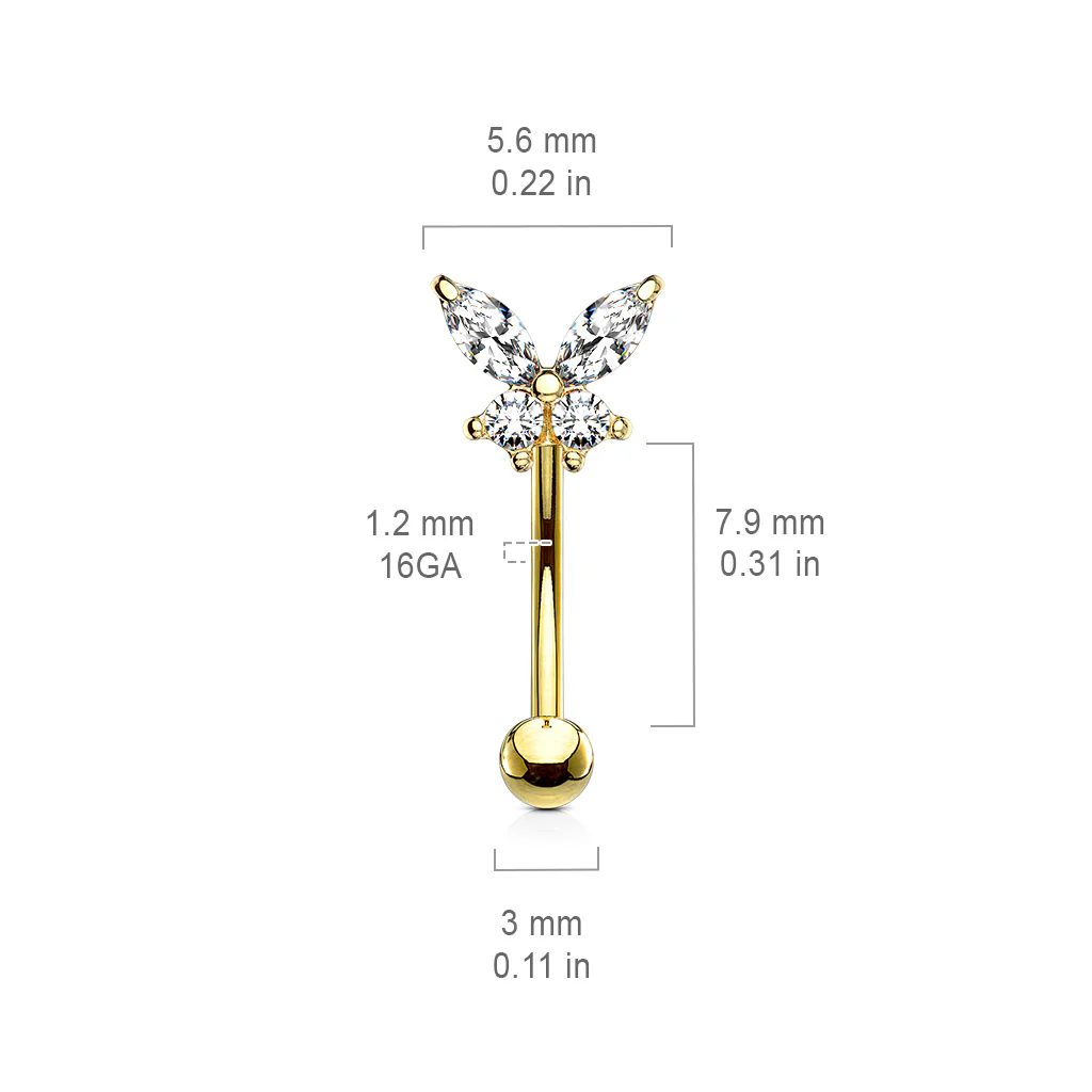 Prong Set CZ  Butterfly Top Eyebrow Ring Curved Barbells Rook Snug - Image 13