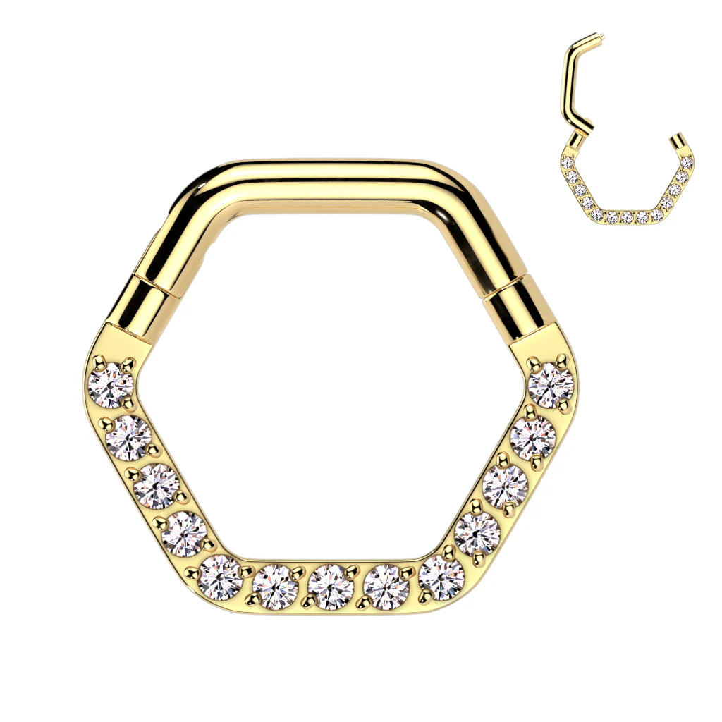 Prong Set CZ Hinged Hexagon Segment Rings Nose Septum Ear Cartilage - Image 3