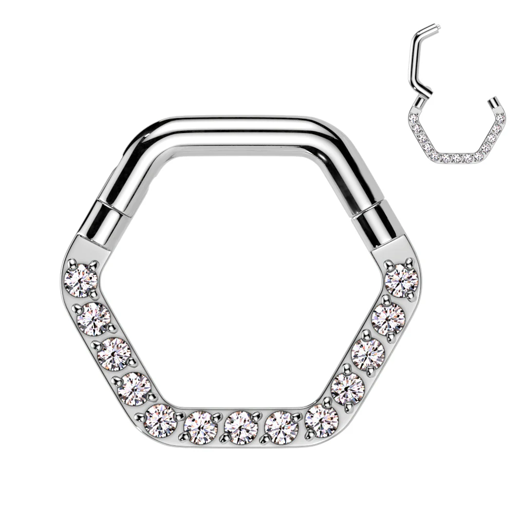 Prong Set CZ Hinged Hexagon Segment Rings Nose Septum Ear Cartilage - Image 4