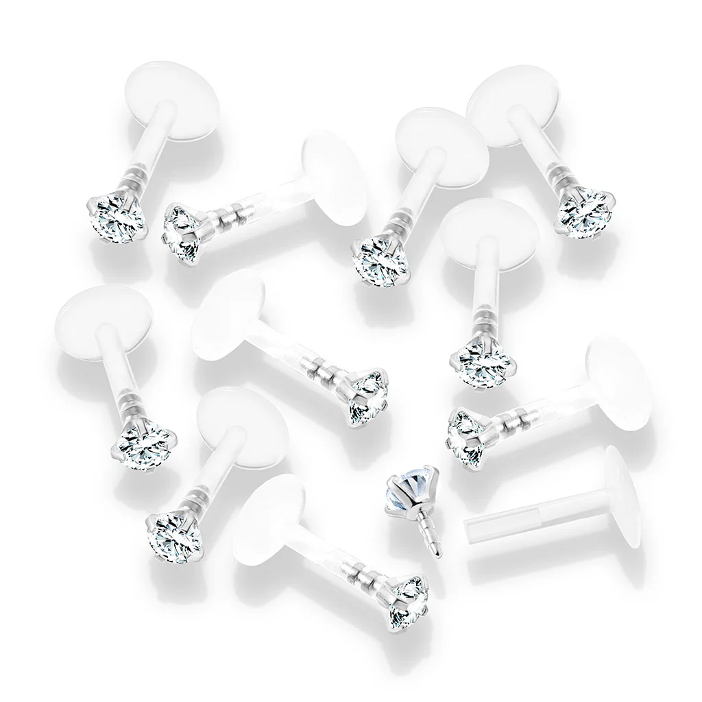 Round CZ Top Push In Flat Back Stud for Lip Labret Tragus 10 Pc Pack