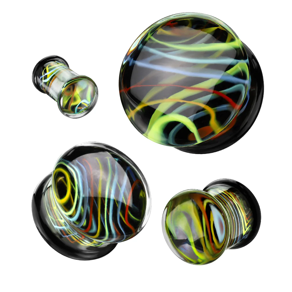 Pair Rainbow Swirl Over Black Back Glass Double Flare Plugs