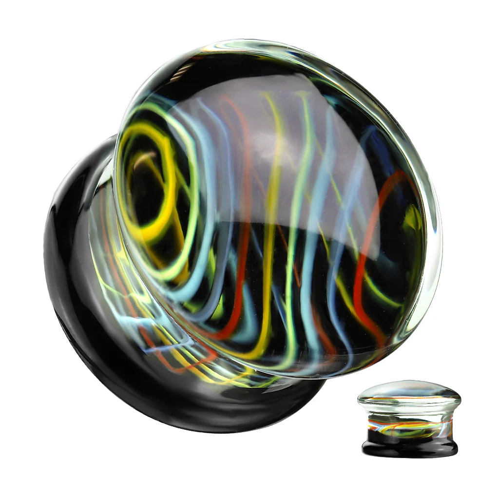 Pair Rainbow Swirl Over Black Back Glass Double Flare Plugs - Image 3