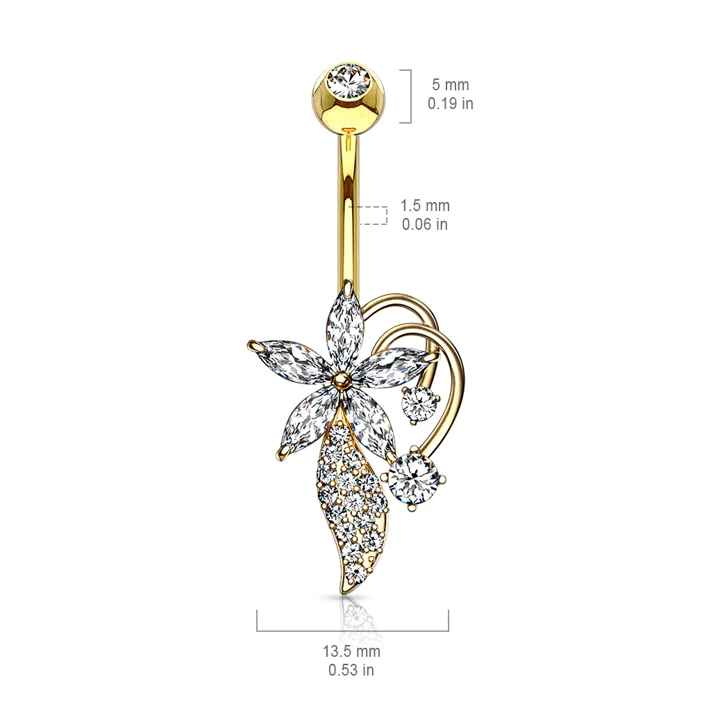 Marquise CZ Flower CZ Cluster Stem Bouquet Navel Belly Button Rings - Image 6