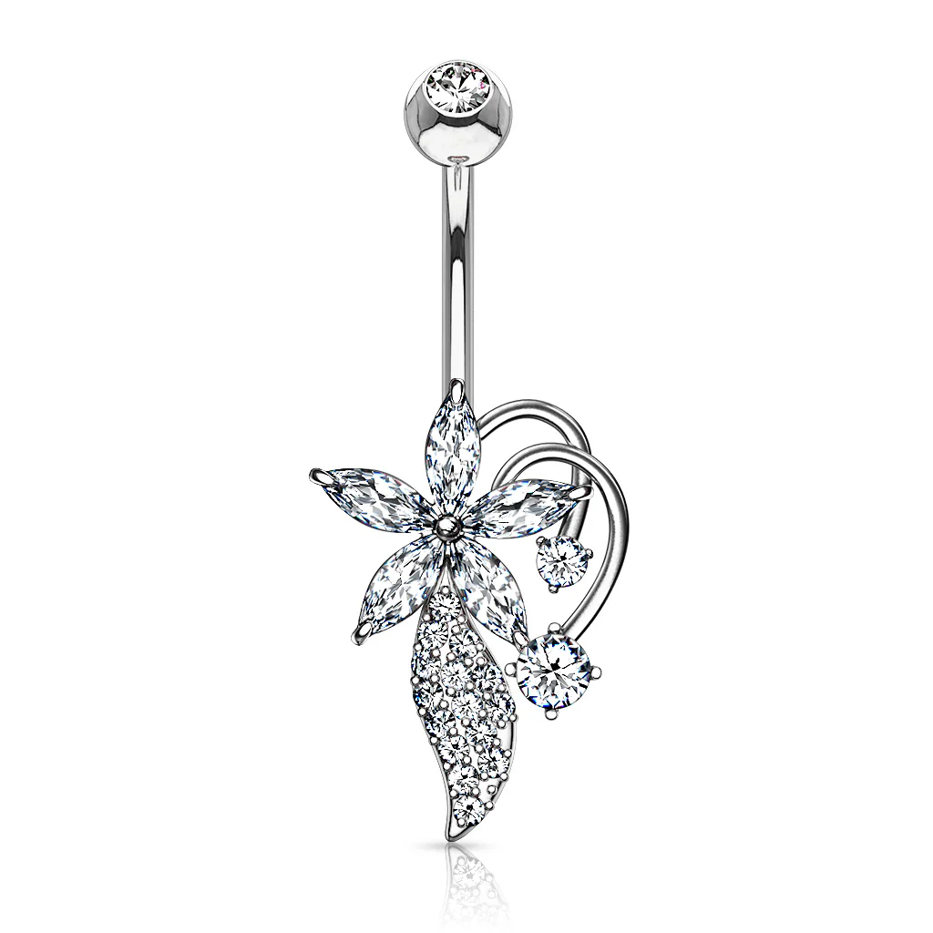 Marquise CZ Flower CZ Cluster Stem Bouquet Navel Belly Button Rings - Image 8