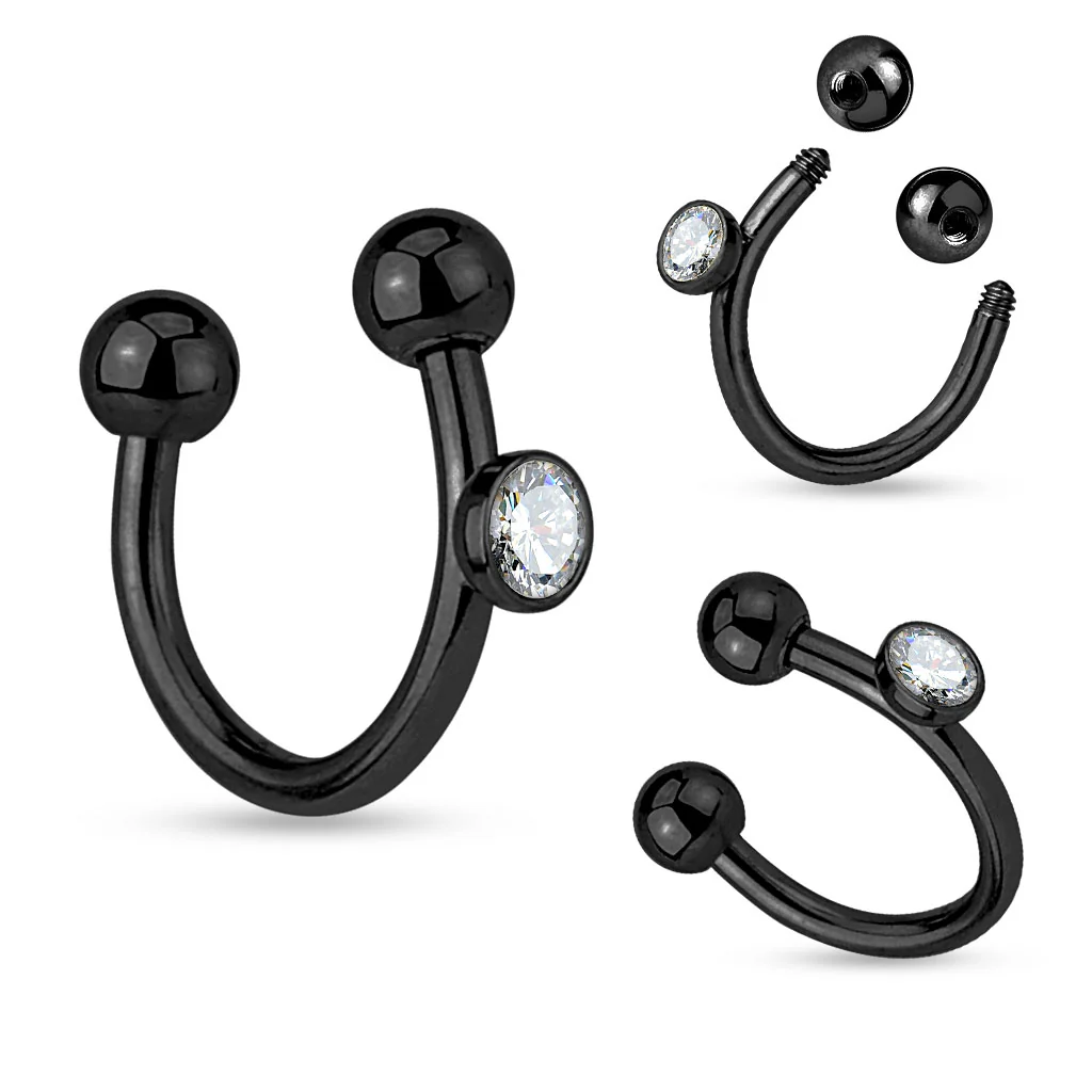 Black Titanium With CZ Horseshoe Circular Barbells Lip Tragus Helix 16G - Image 2