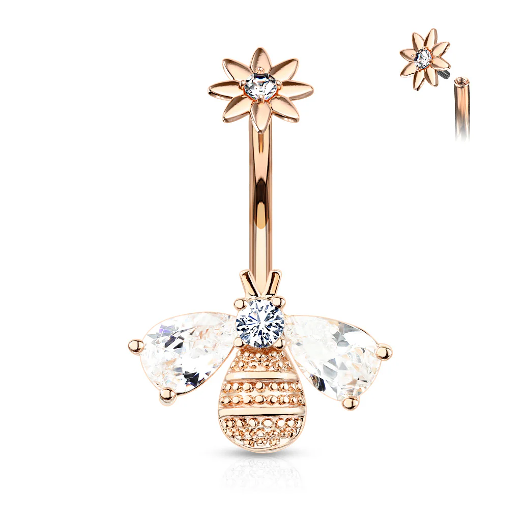 Bee With CZ Wings And Face With Flower Top Ball Belly Button Navel Rings - Image 2