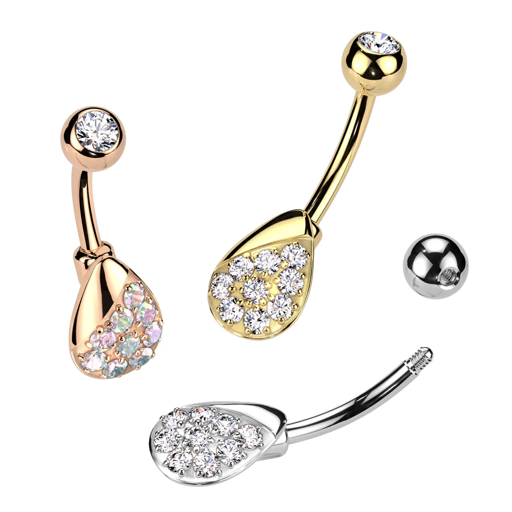 316L Surgical Steel Belly Ring With Pave CZ Teardrop