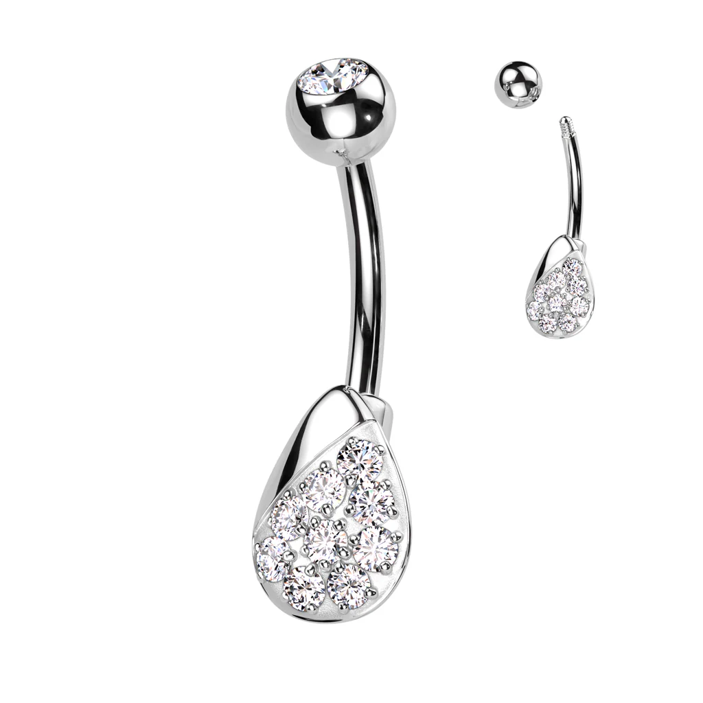 316L Surgical Steel Belly Ring With Pave CZ Teardrop - Image 3