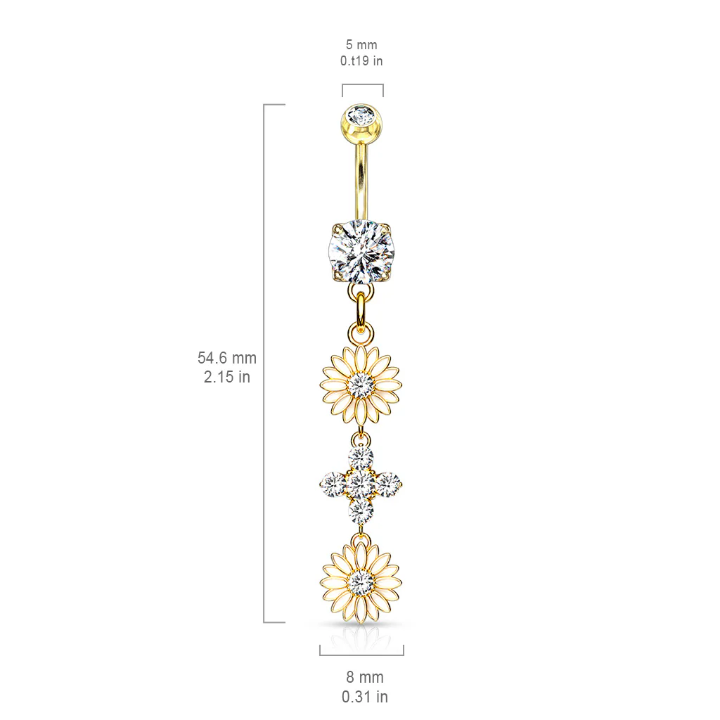 Enamel Flower CZ Dangle 14kt Gold Plated Navel Belly Button Ring - Image 2