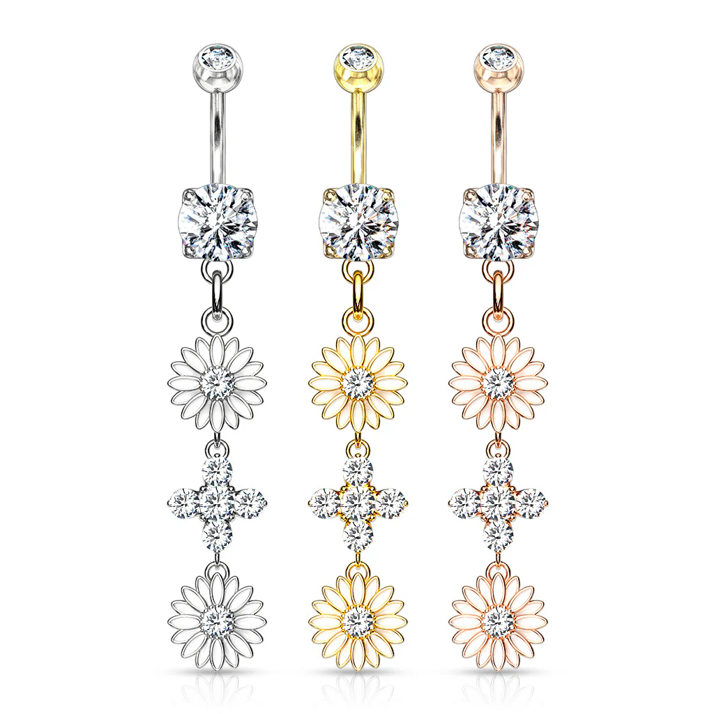 Enamel Flower CZ Dangle 14kt Gold Plated Navel Belly Button Ring - Image 3