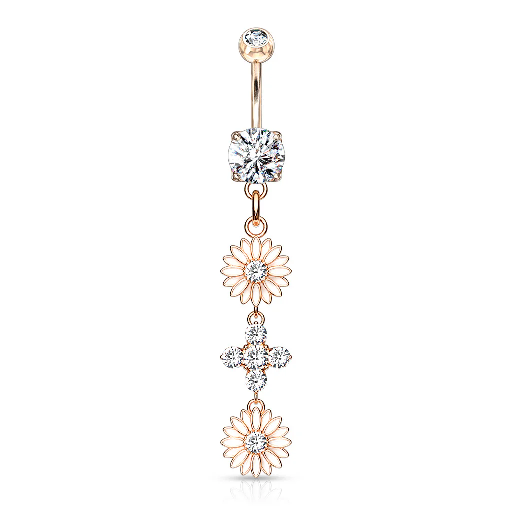 Enamel Flower CZ Dangle 14kt Gold Plated Navel Belly Button Ring - Image 4