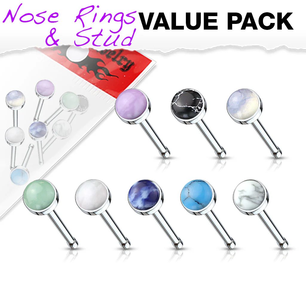 8 Pc Semi Precious Stone Top Surgical Steel Nose Bone Stud Rings