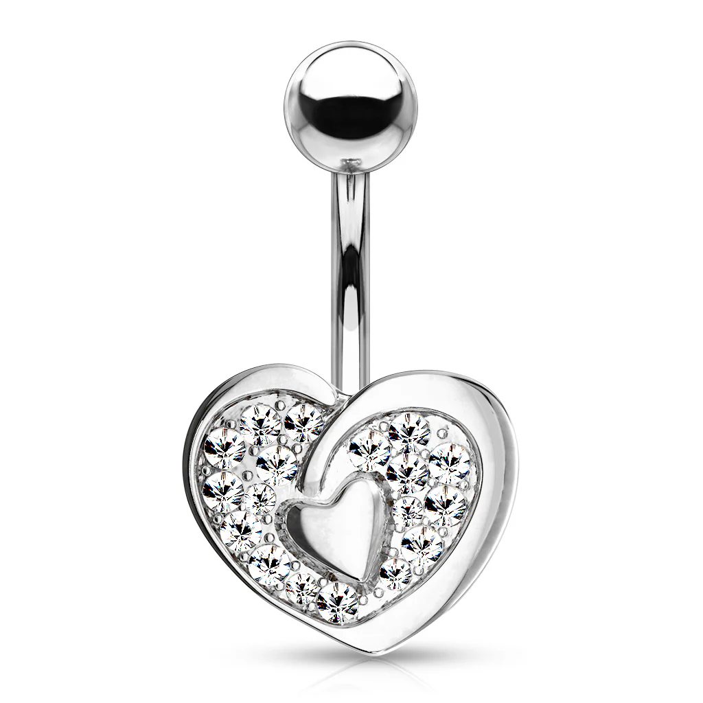 CZ Paved Heart With Heart Center Navel Belly Button Ring - Image 2