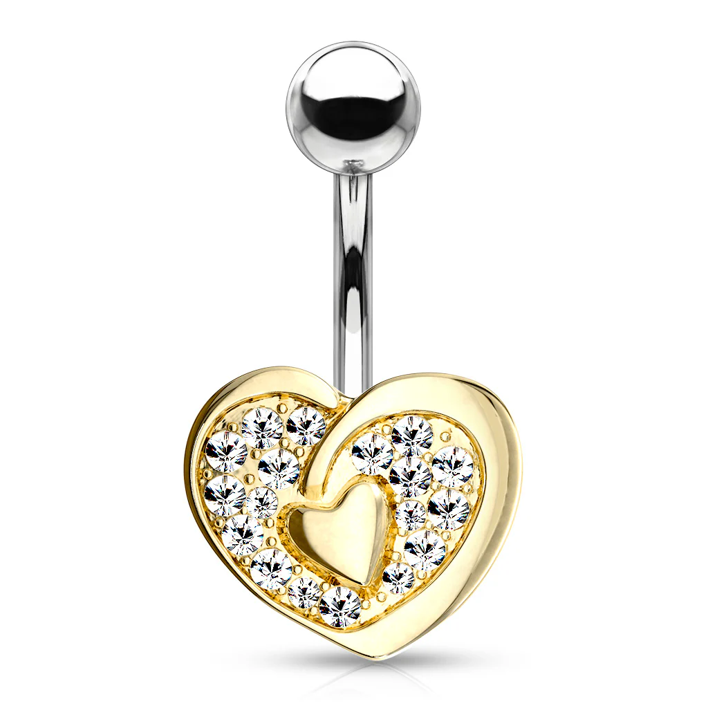 CZ Paved Heart With Heart Center Navel Belly Button Ring - Image 3