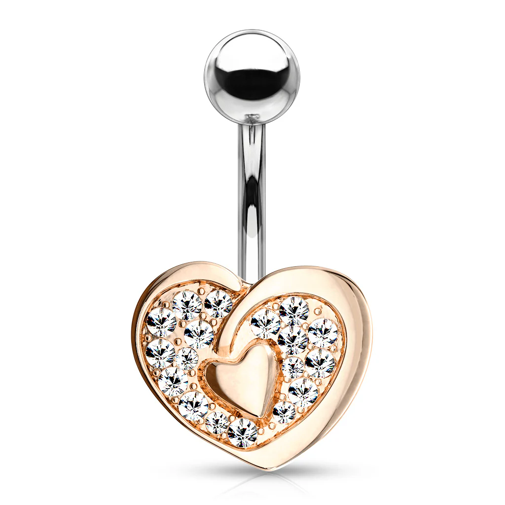 CZ Paved Heart With Heart Center Navel Belly Button Ring - Image 4