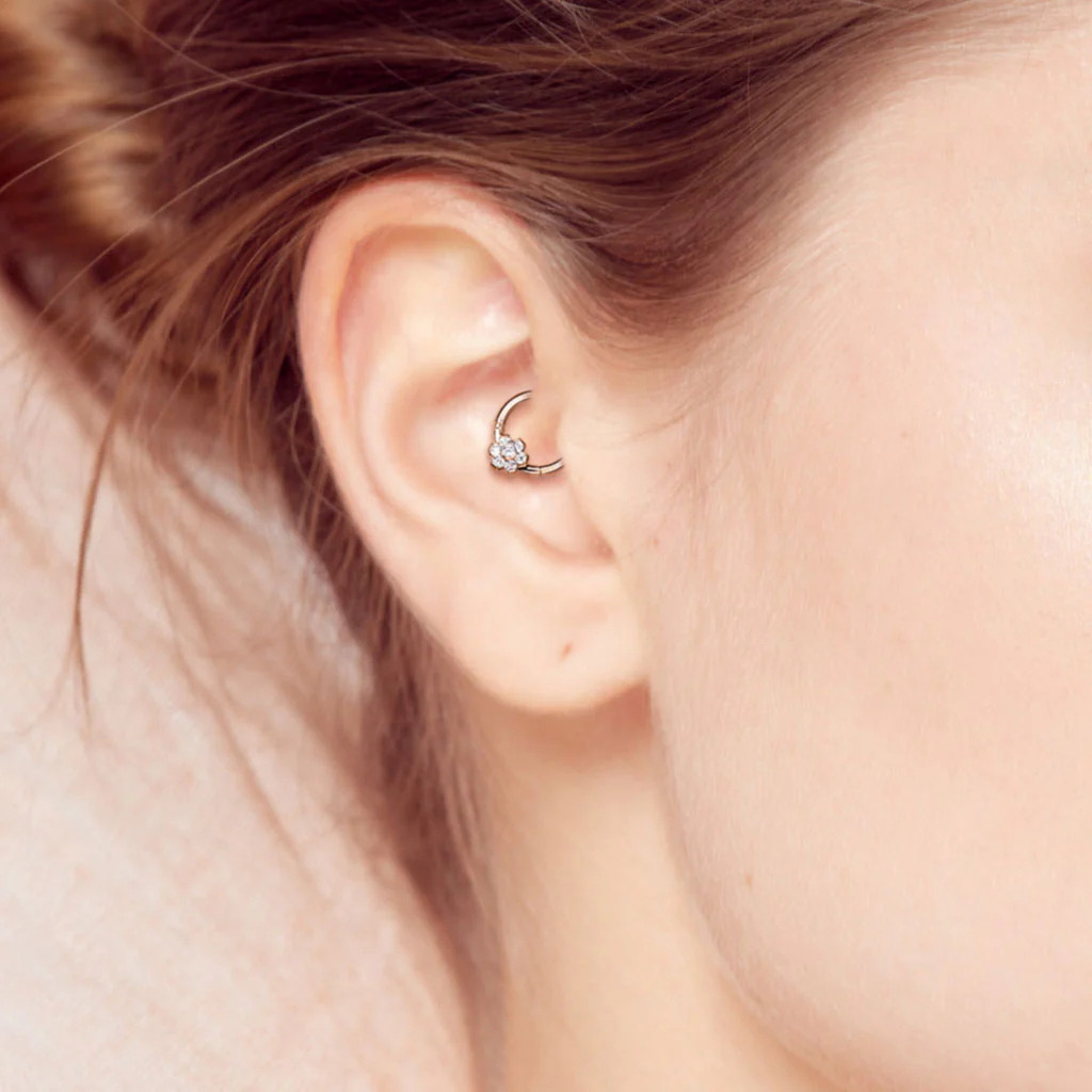 Titanium Hinged Segment Hoop Ring CZ Petal For Nose Septum Cartilage - Image 2