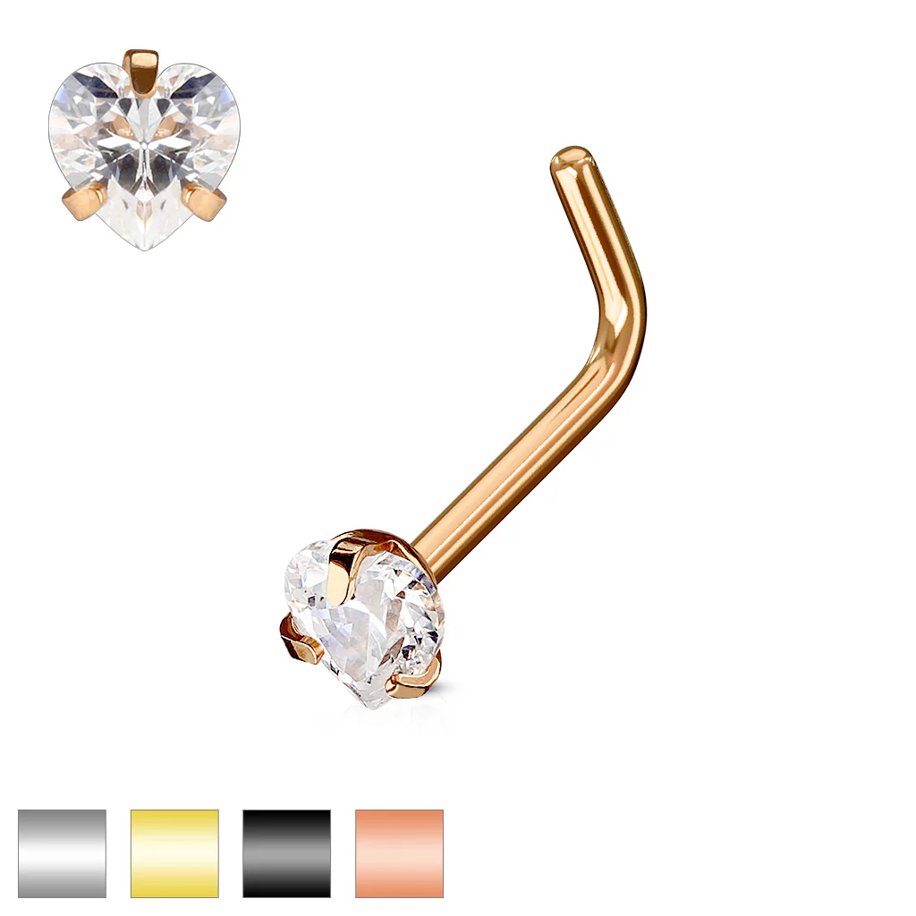 3 mm Heart Shape CZ Prong Gold Rose Gold Black "L" Bend Nose Stud Rings - Image 2