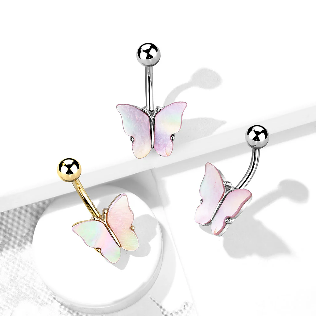 Shell Covered Butterfly Navel Belly Button Ring