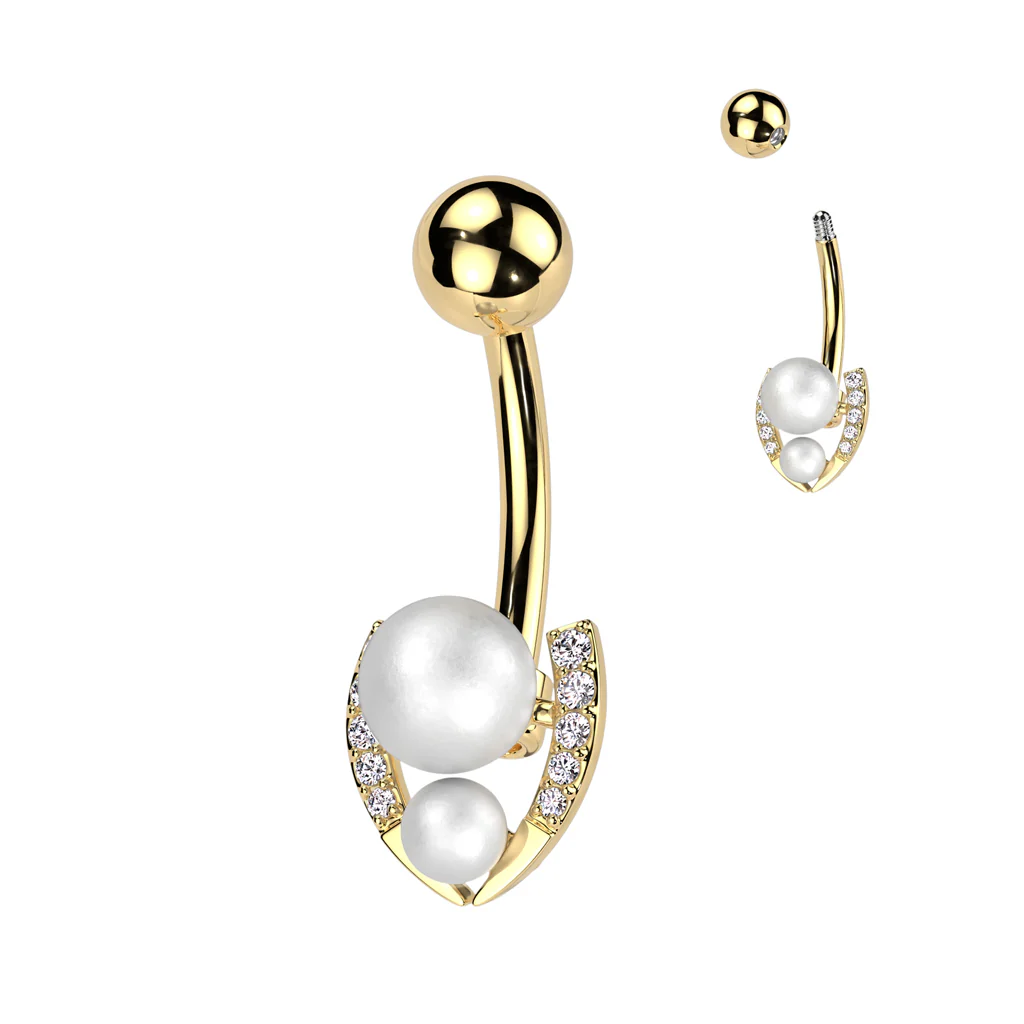 Surgical Steel Belly Ring With Double Pearl & CZ Horseshoe - Image 10