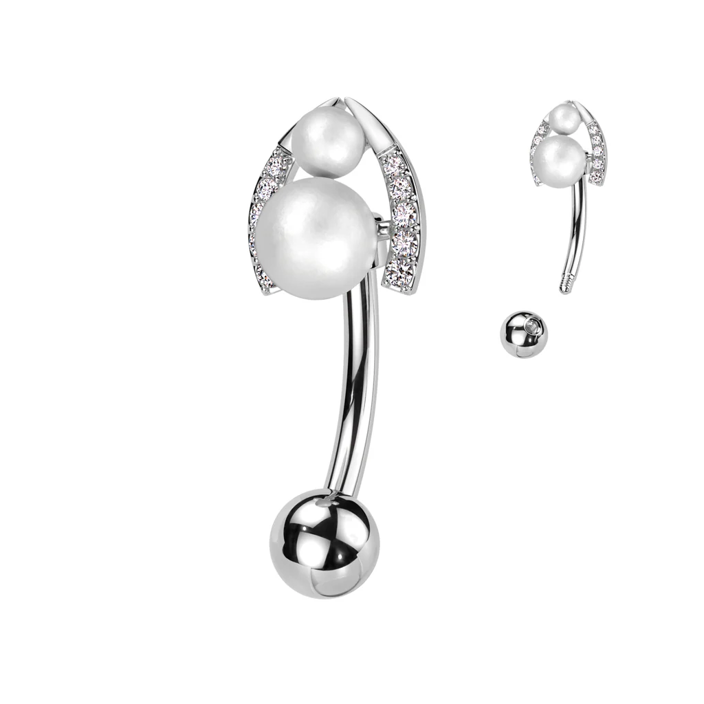 Surgical Steel Belly Ring With Double Pearl & CZ Horseshoe - Image 5
