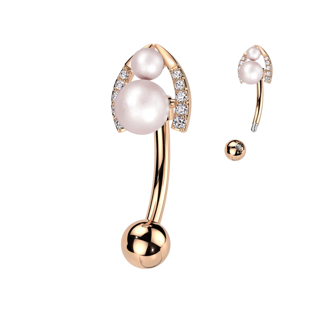 Surgical Steel Belly Ring With Double Pearl & CZ Horseshoe - Image 6